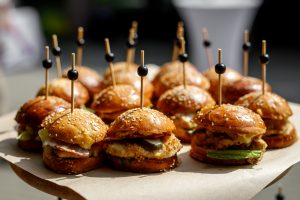 Close up of mini hamburgers at catering event